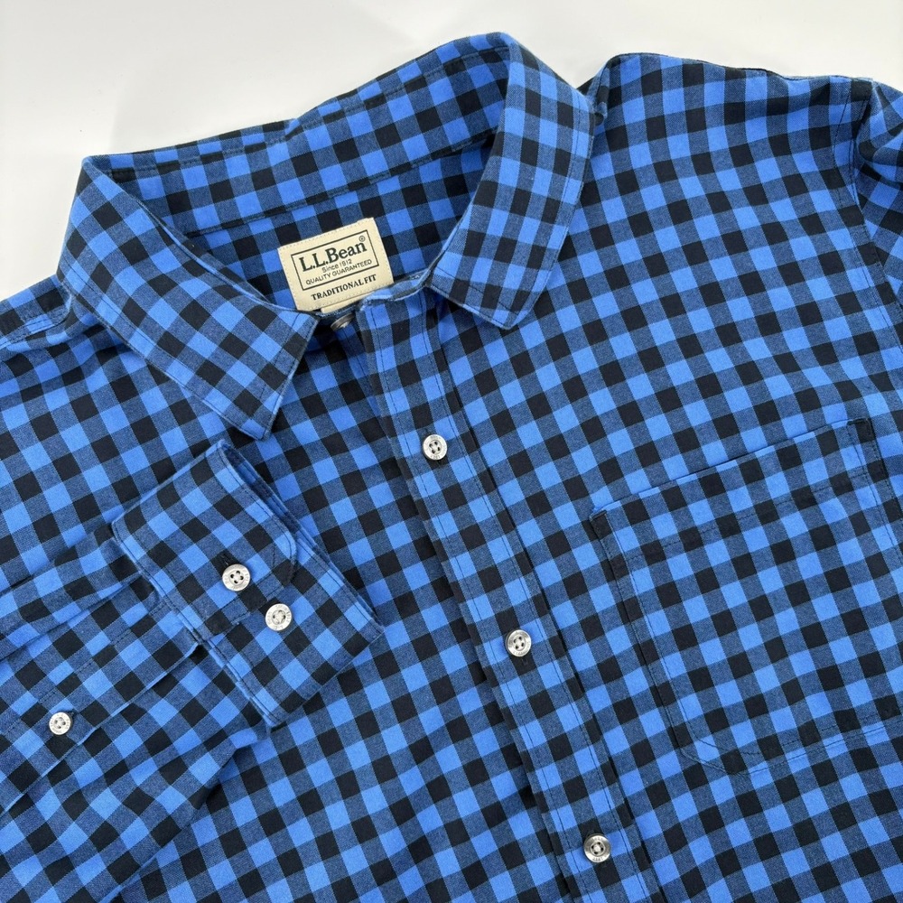 LL Bean Mens Traditional Fit Buffalo Check Flannel Shirt Blue Black Medium M-Reg